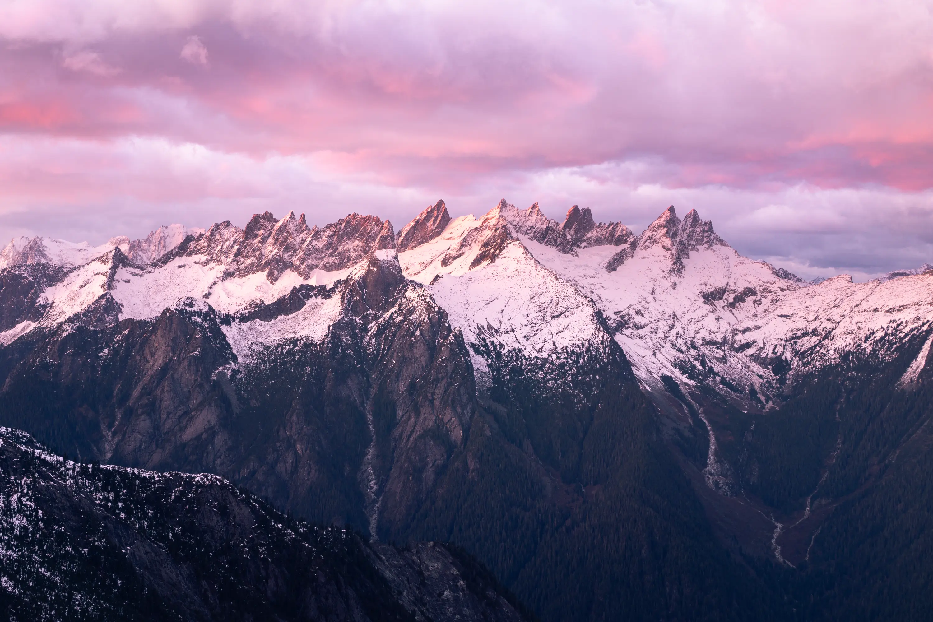 A view of the southern pickets range from Trapper Peak in the north cascades. An example of the cost of the shoulder season sunset photo, you've got to spend the night out there and you're going to freeze your ass off.