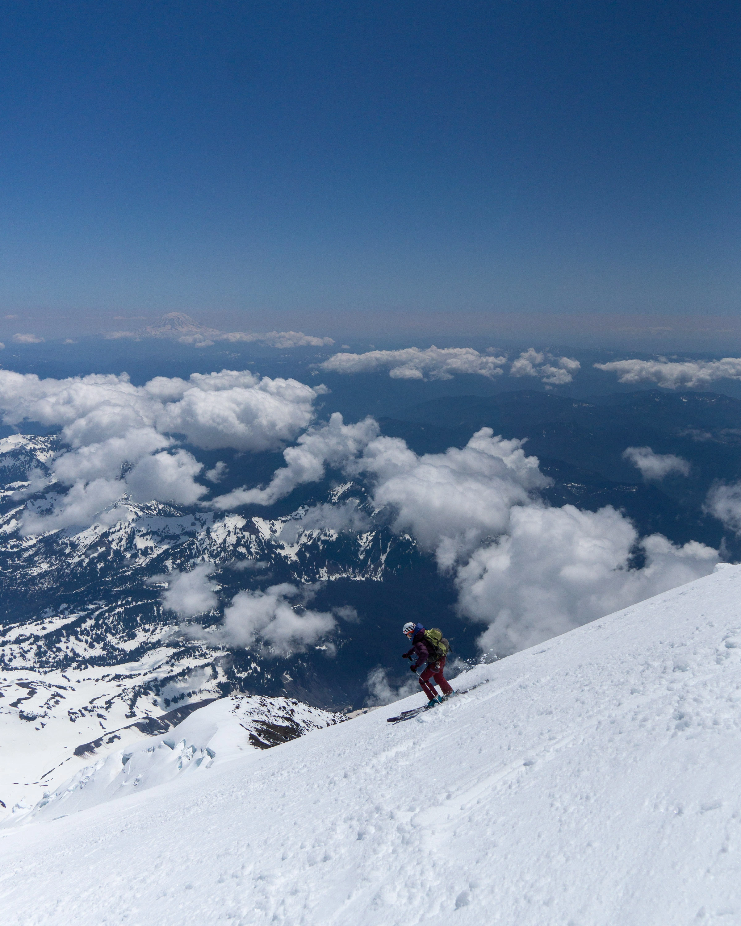 A friend skis the upper Nisqually glacier, Mt. Rainier.