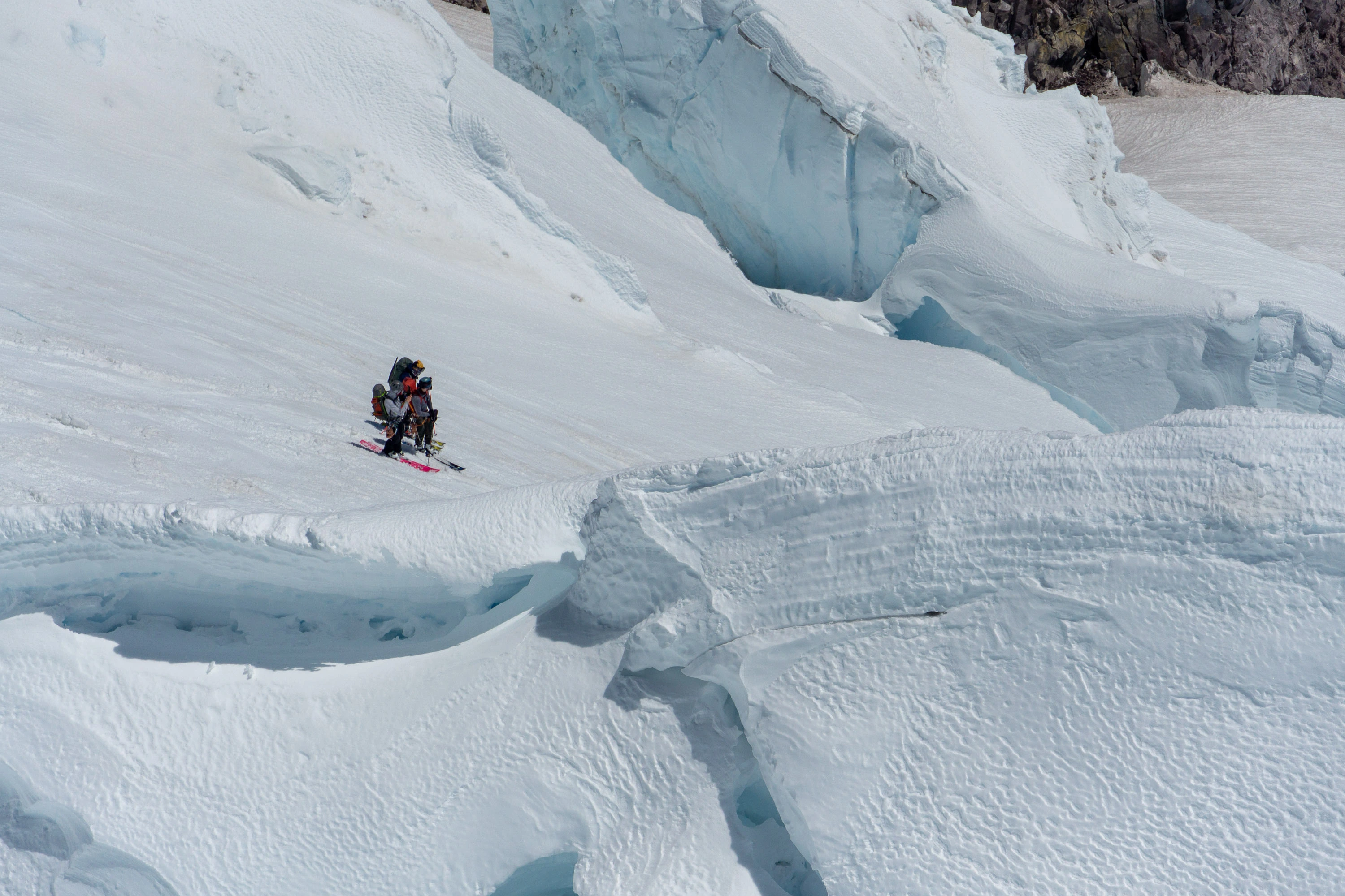 Skiiers on the upper Nisqually glacier, Mt. Rainier.