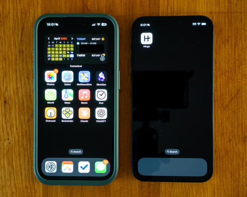 Two phones showing their lock screens, the left phone has many day-to-day apps, the right phone has only Hinge installed.