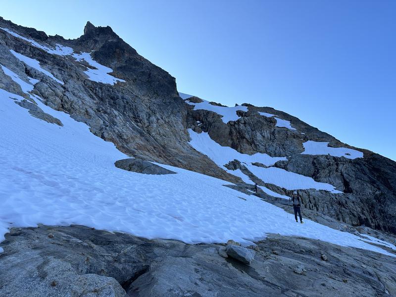 Traversing the snow right below the gulley